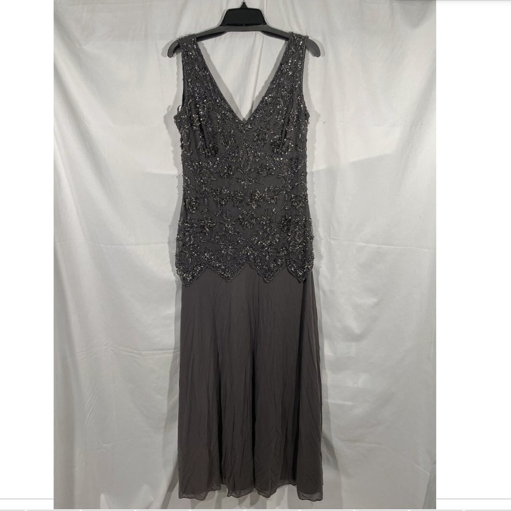 NEW Pisarro Nights Embellished V-Neck Mesh Gown Slate‎ [PETITE SZ 10P ]